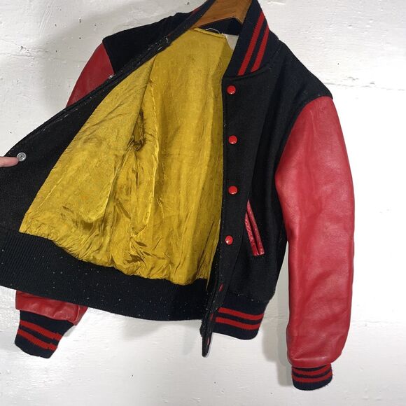 Vintage Varsity Letterman Jacket Red Leather Black Wool Body Unisex Small - Picture 5 of 9